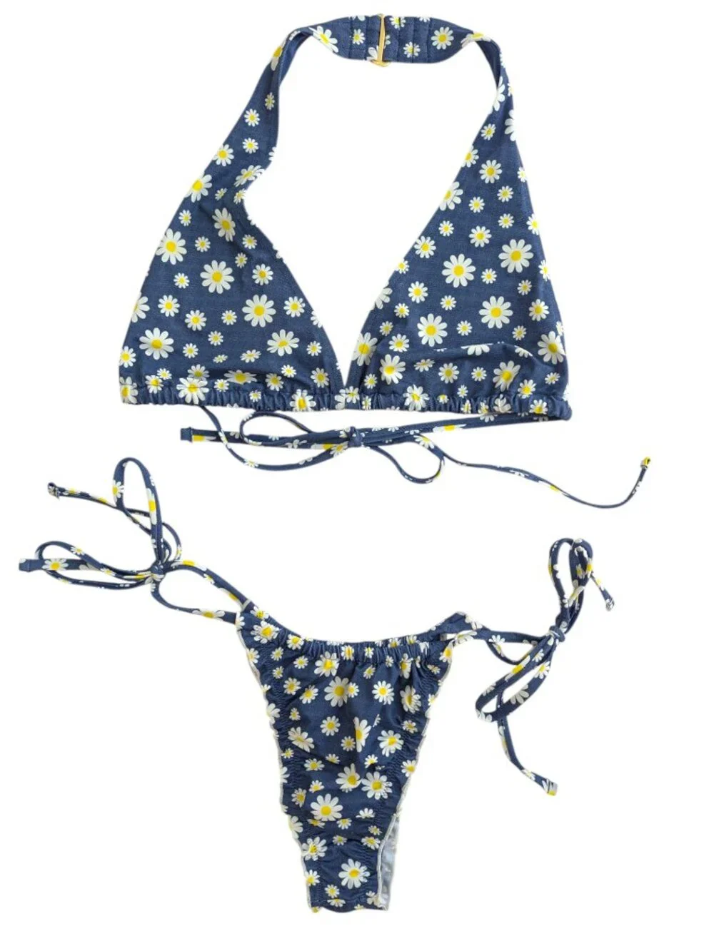 Pink X Frankie's Bikinis Blue Daisy Bikini Set Halter Top Reign Bottom Set XL/L